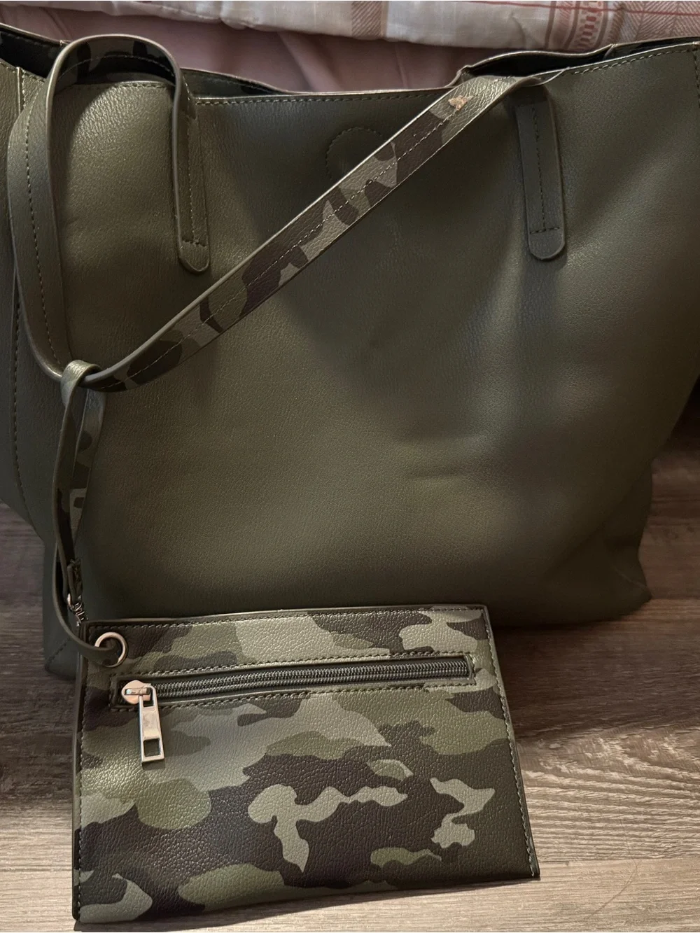 Olive Green/Camo Reversible Tote Bag with Camo Pouch